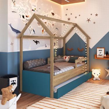 Imagem de Cama Infantil Montessoriana Estilo Casinha com Cama Auxiliar CCM020 Linha Infanto Aveiro OAK Azul Secreto Completa Móveis