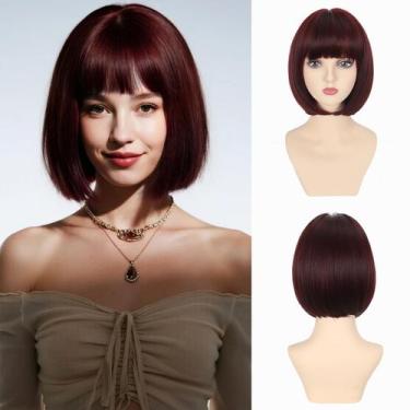 Imagem de Peruca, cabelo refinado, vinho, vermelho, Bob com franja, 30 cm, sinté