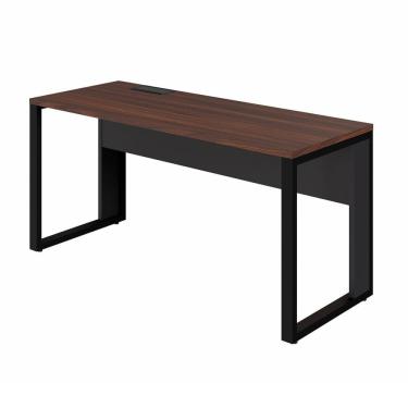 Imagem de Mesa Plataforma 120cm Individual com Caixa de Tomadas Pés Metal Industrial Executive Louro Preto / Preto