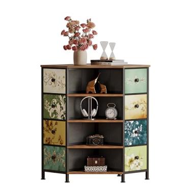 Imagem de LUMTOK Cômoda de canto de 8 gavetas com gavetas de tecido de armazenamento e prateleiras abertas para espaços pequenos, quarto, entrada, sala de estar (padrão retrô)