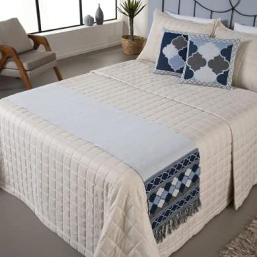 Imagem de Kit Peseira Manta de Cama Sofá Queen King Grécia 5 Peças Tecido Jacquard Acompanha Almofadas Cheias (Azul, Queen)