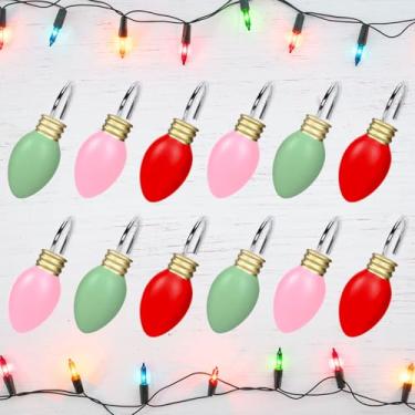 Imagem de Whaline 12 ganchos de cortina de chuveiro de Natal decorativos para lâmpada de Natal, anéis de varão de chuveiro, ganchos de cortina de resina para decoração de férias, sala de estar, quarto, banheiro