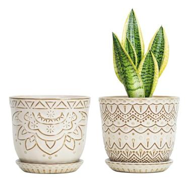 Imagem de Gepege Vaso de cerâmica com contas conjunto de 2 com orifício de drenagem e pires para plantas, vaso de orquídea grande redondo para ambientes internos e externos (branco creme, vasos internos não