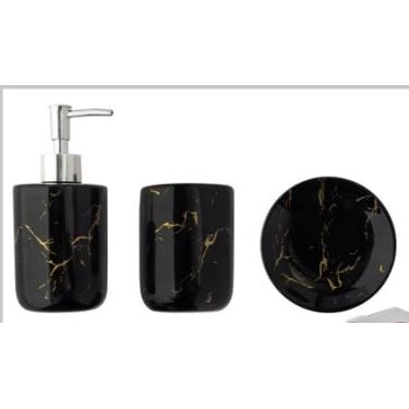 Imagem de Conjunto de Banheiro Moderno em Cerâmica e Plástico, Preto e Branco com Efeito Mármore, 3 Peças com Porta Sabonete Líquido, Suporte para Escova e Saboneteira (Preto)