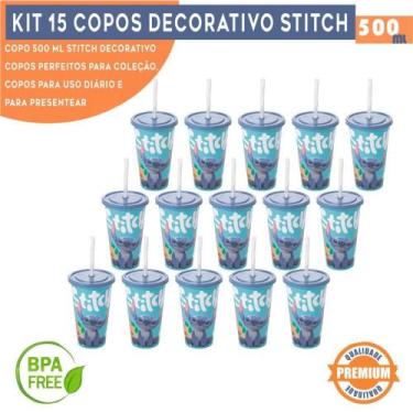 Imagem de Kit 15 Copos Stitch 500ml Filme Personalizado Com Tampa e canudo Bpa F