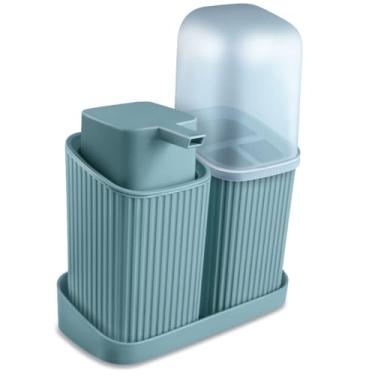 Imagem de Kit Banheiro Peças Completo - Porta Sabonete Líquido, Porta Escova e Bandeja | Conjunto Organizador para Lavabo(Azul)