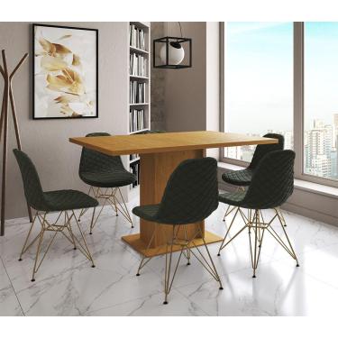 Imagem de Mesa Jantar Londres Retangular Canela 137X90Cm 6 Cadeiras Estofadas Verde Base Dourado