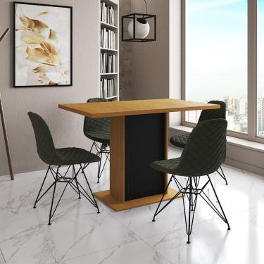 Imagem de Mesa Jantar Londres Tampo Canela 120Cm Base Preta 4 Cadeiras Ferro Preto Estofado Verde