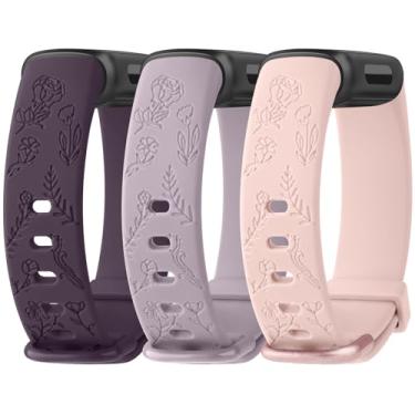 Imagem de Meliya Pulseira de substituição para Fitbit Inspire 3 para mulheres e homens, pulseiras de silicone com gravação floral para Fitbit Inspire 3 Fitness Tracker (cereja escura + cinza lavanda + rosa)