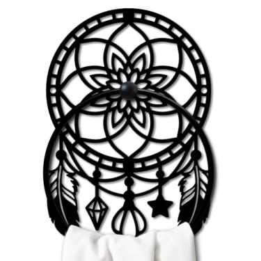 Imagem de MAYJOYDIY Pumo Anel de toalha de metal redondo floral apanhador de sonhos rede suporte de toalha de mão gancho preto toalhas vintage organizador de parede para cozinha banheiro casa lavanderia