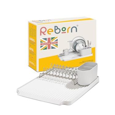 Imagem de ReBorn - Escorredor de louça reciclado - Escorredor de pia de cozinha - comporta até 10 pratos - Cesta removível de talheres - Rack de aço inoxidável - Feito na Grã-Bretanha (pedra, grande)