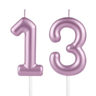 Imagem de 13º velas de aniversário rosa metálico, número 13 velas rosa metálicas para decoração de topo de bolo, mulheres, homens, casamento, aniversário, celebração, artigos de festa feliz