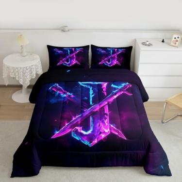Imagem de Feelyou Conjunto de edredom infantil com espada cruzada, tamanho solteiro, inicial J, presente para gamers, adolescentes, meninos, homens, edredom para quarto, tema de batalha de videogame, decoração
