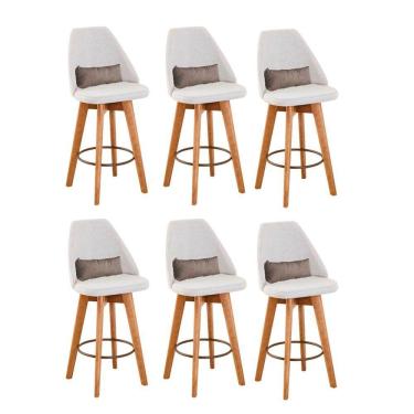 Imagem de Kit 06 Banquetas Alta Maya Giratória Com Encosto Gourmet Linho Bege e Almofada Suede Bege - Aurora Line