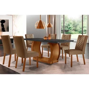 Imagem de Sala de Jantar Completa Jade Tampo Madeirado c/ Vidro Curvo 180x90 e 6 Cadeiras Jade Imbuia/Veludo Capuccino - Rufato