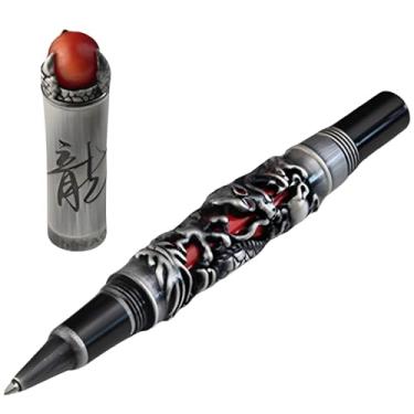 Imagem de Caneta-tinteiro retrô dragão chinês, instrumento de escrita executivo esculpido de luxo, caneta executiva com ágata vermelha com detalhes de pérola sintética, para assinatura e uso em diário