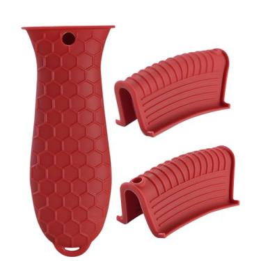 Imagem de Capas de cabo de frigideira de ferro fundido – Pacote com 3 capas de silicone resistentes ao calor, capas antiderrapantes para frigideiras de ferro fundido (vermelho)