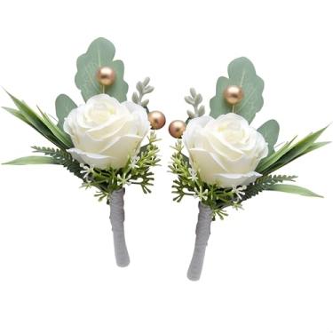 Imagem de Dwuww 2 peças de flores de rosas para homens, casamento, padrinho, flores artificiais de rosas brancas com alfinetes para celebração de aniversário de casamento, formatura, festa, decoração de casa