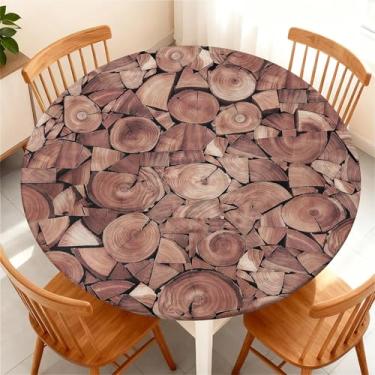 Imagem de Yesad Toalha de mesa redonda com borda elástica para mesa redonda de até 155 a 165 cm, capa de mesa impermeável para acampamento, interior, exterior, férias, verão, madeira