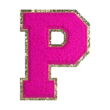 Imagem de 1 PÇ Patch de letra de chenille rosa de 11,4 cm com borda dourada – Remendos do alfabeto para roupas, jaquetas, mochilas, chapéus para decoração personalizada, nome personalizado e artesanato. (P)