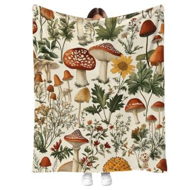 Imagem de Cobertor vintage de cogumelo, planta botânica e estampa floral de fungos, cobertor de flanela macio e aconchegante para sofá-cama, sofá, cadeira, cobertor decorativo boho cottagecore 127 x 152 cm