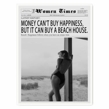 Imagem de Arte de parede em tela de jornal vintage preto e branco moda The Women Times Pôster impresso para casa de praia moderna elegante sala de estar costeira decoração de casa elegante 28 x 35 cm sem