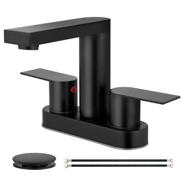 Imagem de Cinwiny Torneira de pia de banheiro com 2 furos, torneira de banheiro central com drenagem pop-up de metal e linhas de suprimento, aço inoxidável 2 alças para casa moderna, preto fosco