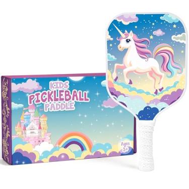 Imagem de Dany x Kevin Raquete infantil de pickleball – Design mágico de unicórnio | Raquete leve de fibra de vidro para crianças menores de 12 anos (apenas 2 kg) | Pega pequena para fácil manuseio | Remo
