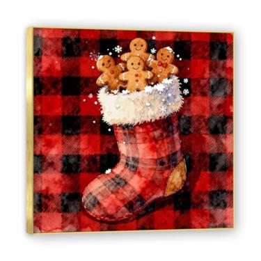 Imagem de NHLDZYH Moldura dourada. Imagem de Natal retrô country pintura em tela com padrão xadrez vermelho preto cores suaves country aconchegante decoração de Natal. A07. 50 x 50 cm