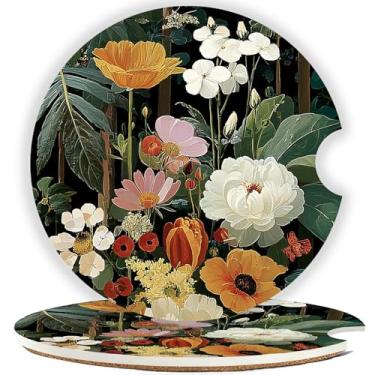 Imagem de Mengduxd Conjunto de porta-copos de carro, porta-copos de cerâmica de 2,56 cm, suporte de cortiça resistente a arranhões, design de ranhura de dedo para fácil colocação, unissex (flores negras)