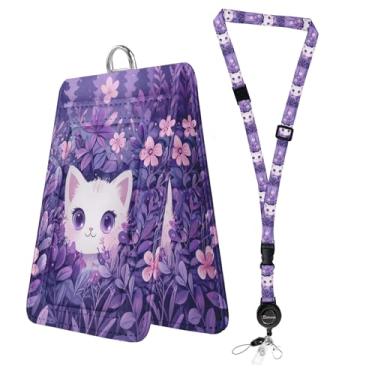 Imagem de Bolimoss Cordão de gato branco com suporte de identidade, lindo suporte de crachá de identificação floral com carretel retrátil, suporte de crachá transparente de dupla face com clipe, cordão