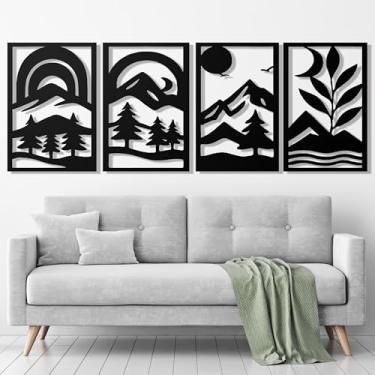 Imagem de GALLERY GRACE Metal Wall Art Decor – 11" x 16" Set of 4 Abstract Landscape Panels for Living Room, Office, or Bedroom – Minimalist Single Line Black Wall Art with Mountains, Trees, and Sunrise