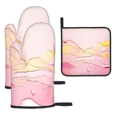 Imagem de Conjunto de cozinha essencial de 3 peças com glitter sintético dourado, luvas resistentes ao calor e aderência da tampa, proteção para churrasco no forno, design de armazenamento suspenso.