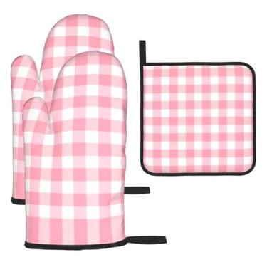 Imagem de Conjunto de cozinha essencial de 3 peças com estampa xadrez, luvas resistentes ao calor e alça de tampa, proteção para churrasco no forno, design de armazenamento suspenso.