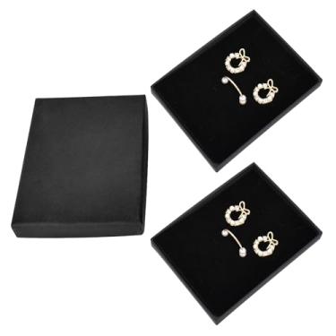 Imagem de Caixa de joias preta de 3 peças, presente de joias de 7 x 9 x 1,5 cm, caixa de papel artesanal preta com esponja dentro, para aniversários, aniversários, pulseira, colar, embalagem