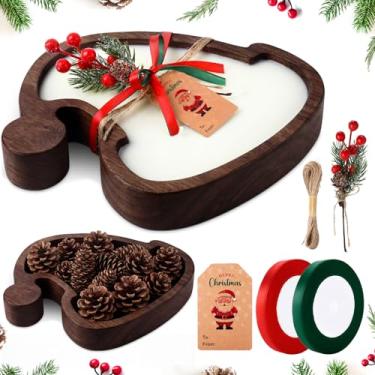 Imagem de Potchen 1 conjunto de velas de madeira tigela de Natal de madeira rústica tigela de massa de Natal com etiqueta de frutas e pinheiro para decoração de mesa de fazenda de Natal, 30 x 25 x 5 cm (chapéu