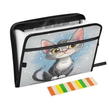 Imagem de Wassud Organizador de arquivos sanfonado cinza Cat com 13 bolsos, pastas expansíveis com abas e adesivos, organizador de pastas de documentos de recibo de papel tamanho carta A4 para viagens de