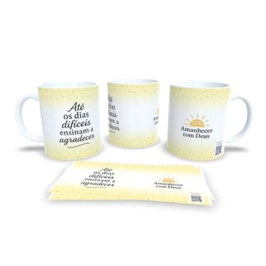 Imagem de Caneca de Cerâmica com Frases Motivacionais, Amanhecer com Deus, Amarelo e Branco, Design Pontilhado (20821)