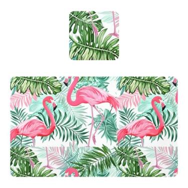 Imagem de Burbuja Jogo americano conjunto de 2, flamingos folhas verdes PVC tapetes de mesa antiderrapantes resistentes ao calor à prova d'água para mesa de jantar, lavável, 30,5 x 45,7 cm