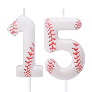 Imagem de Vela de Aniversário Beisebol, Topo de Bolo Beisebol Vermelho e Branco Decoração Bolo com Tema Esportivo para Festas Aniversários e Comemorações (Número 15)