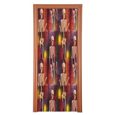 Imagem de Qilmy Decoração de capa de porta 91 x 248 cm tecido grande placa de decoração de festa de Halloween para porta da frente Halloween bonito caveira varanda decoração externa janela parede 542