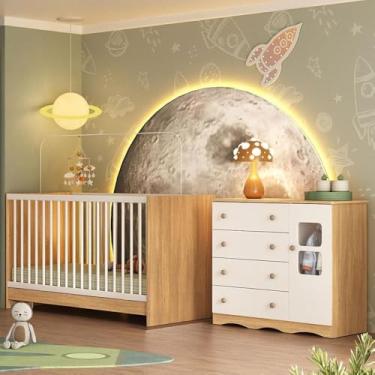 Imagem de Berço 3 em 1 para Colchão 130x60cm com Cômoda 1 Porta 4 Gavetas Serena Multimóveis Mp4741 Madeirado/branco