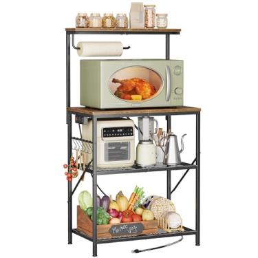Imagem de Huuger Rack de padeiro de 4 camadas com tomada, 2 tomadas reversíveis, suporte de micro-ondas de 60 cm com suporte de toalha de papel, barra de café de cozinha, armazenamento maior com prateleira