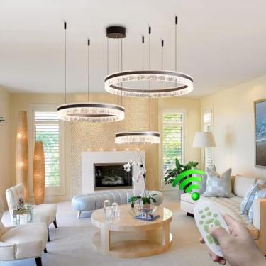 Imagem de Lustre moderno de LED com intensidade regulável para sala de estar, luminária pendente circular grande em alumínio para mesa de jantar, cozinha, sala de jantar e quarto, com controle remoto