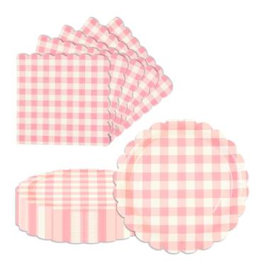 Imagem de 40 peças de pratos e guardanapos de papel guingão rosa de 18 cm descartáveis, artigos de festa de feliz aniversário, conjunto de utensílios de mesa para 20 convidados
