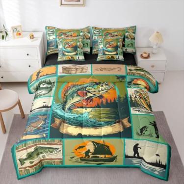 Imagem de Erosebridal Conjunto de edredom Queen com estampa de peixe-lúcio azul-petróleo, verde, 7 peças | Cama de caça de animais em uma bolsa, retrô, floresta, rústica