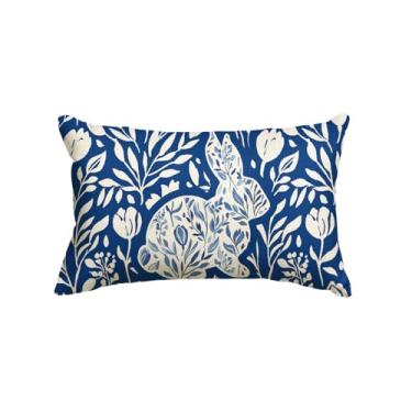 Imagem de AVOIN colorlife Capa de almofada azul escuro e branco coelhinho da Páscoa, 30 x 50 cm, folhas de eucalipto, decoração para sofá