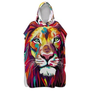 Imagem de TSENQUE Poncho de surf majestoso colorido com estampa de leão para adultos roupão plus size ponchos de praia para homens toalha de natação com capuz