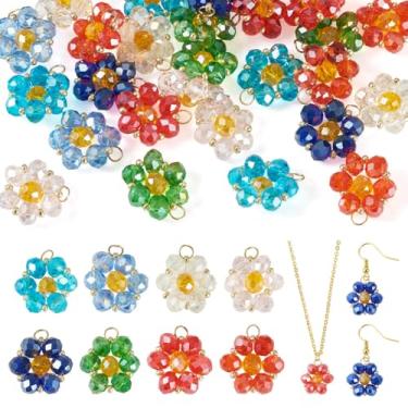 Imagem de Beadthoven 32 peças pingentes de flor de vidro facetado contas de semente de vidro galvanizado colorido pingente de flor de vidro pingente de cristal floral primavera com anel de salto para fazer