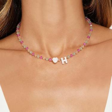 Imagem de Colar gargantilha com inicial de coração delicado com contas coloridas para mulheres, com letras fofas A-Z, boho, contas de coração, joias modernas e personalizadas, presentes de aniversário para